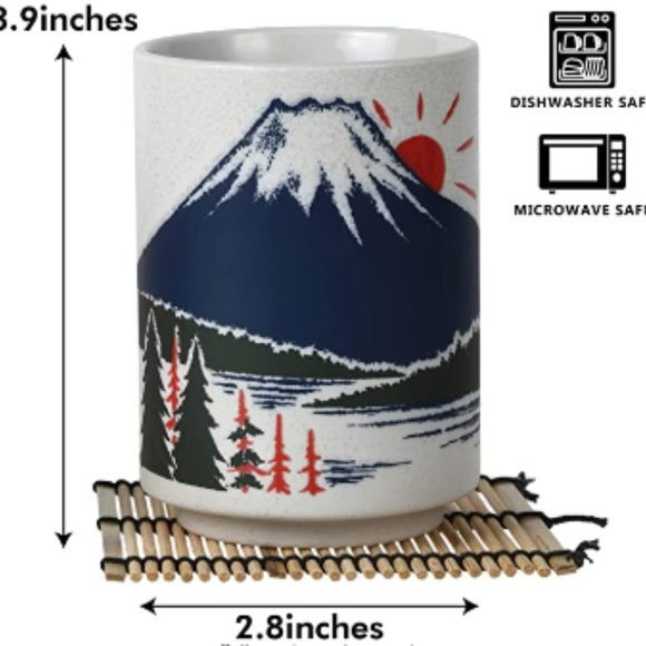 Japanese Teacups - Sushi-Yunomi w/ Bamboo Coasters (Set of 2 - Mt. Fuji) - Picture 3 of 6